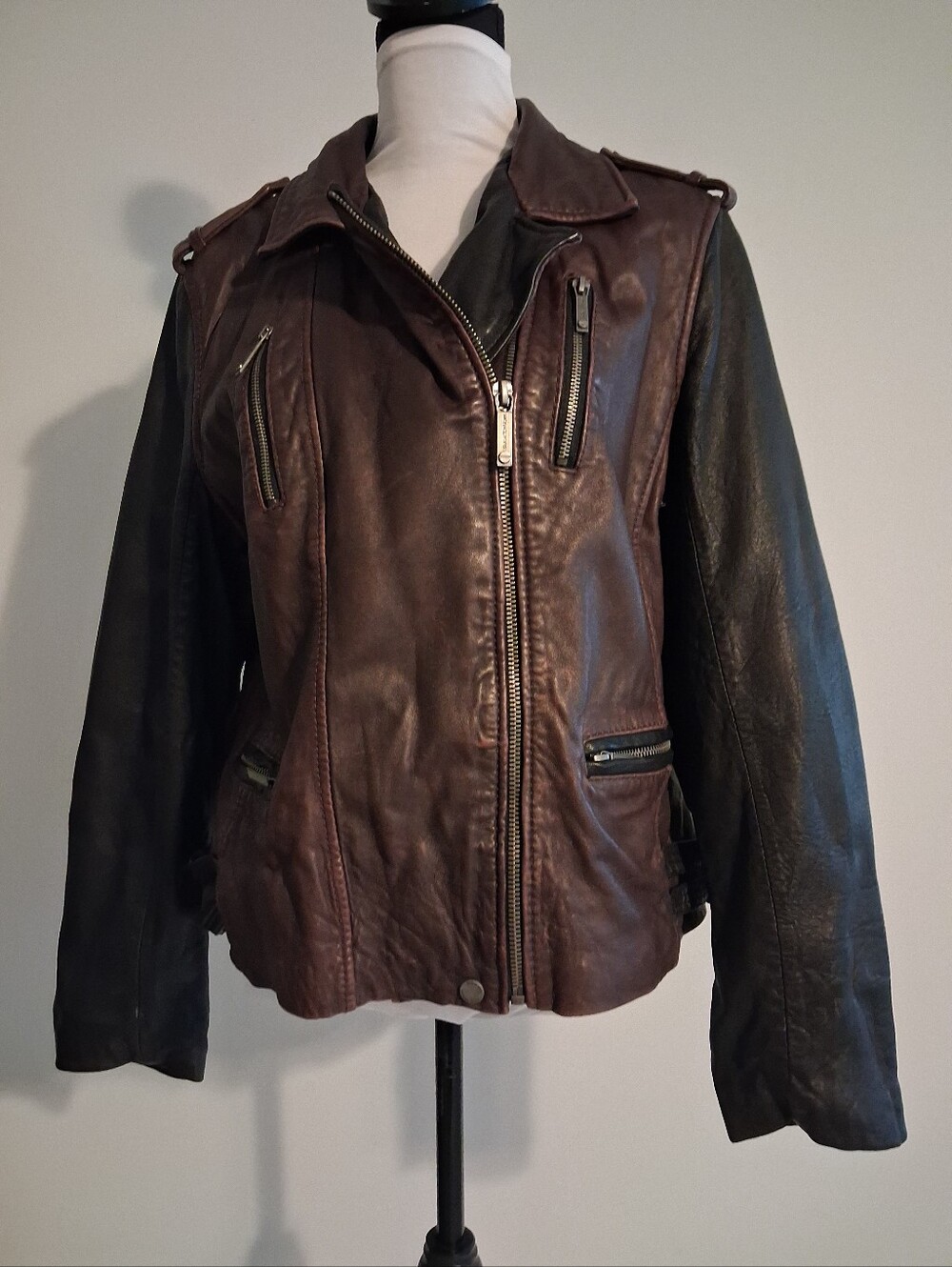 MICHAEL Michael Kors Two-Tone Brown and Black Leather Moto Jacket
